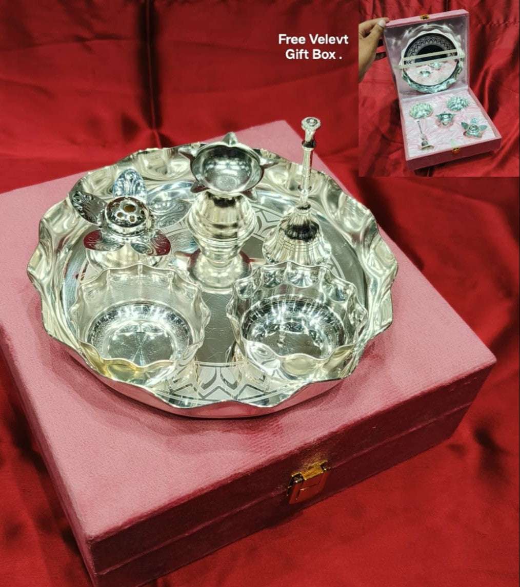 Silver Plated flower Pooja Thali Set of 6 pieces with gift box